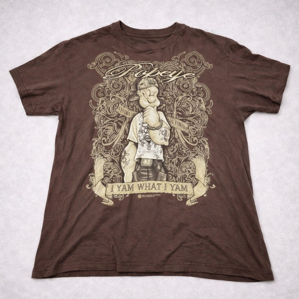 Popeye T Shirt Mens Brown Graphic I Yam What I Yam Cartoon Tee